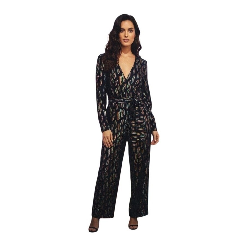 Rachel Zoe Rainbow Metallic Leopard Wrap Jumpsuit Black Long Sleeve 0